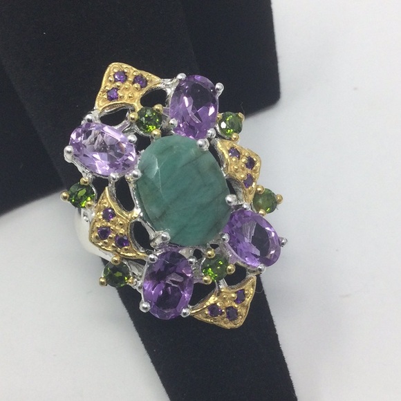 Genuine Natural Emerald & Amethyst Ring - Picture 3 of 7